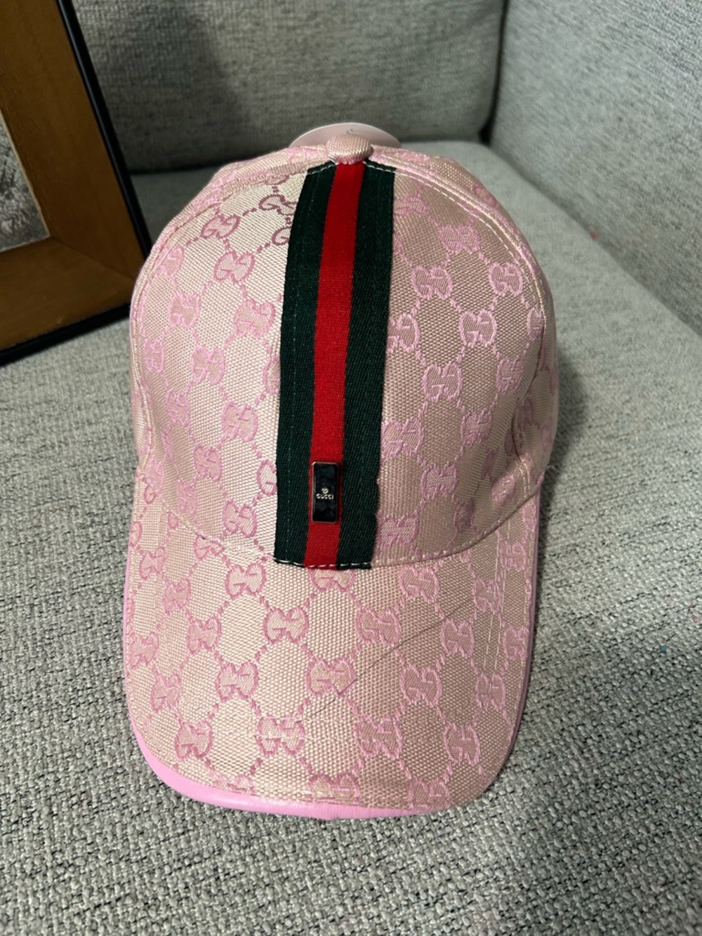 Pink GG Monogram Baseball Cap with Green-Red Web Stripe